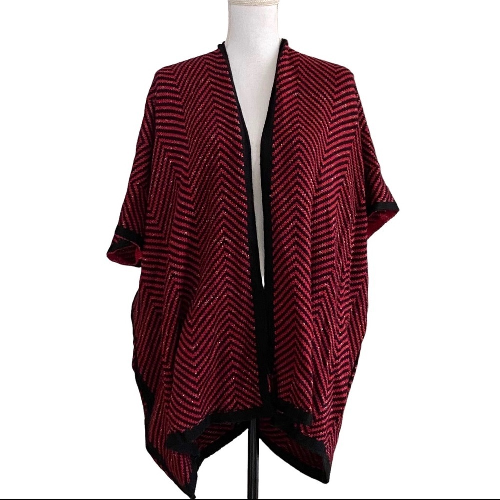 NEW LOFT Black Red Chevron Short Sleeve Cardigan Sweater One Size‎ Cozy Knit